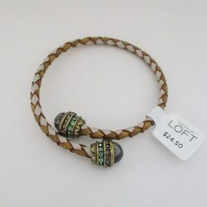 LOFT Gold Silver Braided Leather Bracelet Moonstone Rhinestone Tips NWT OS